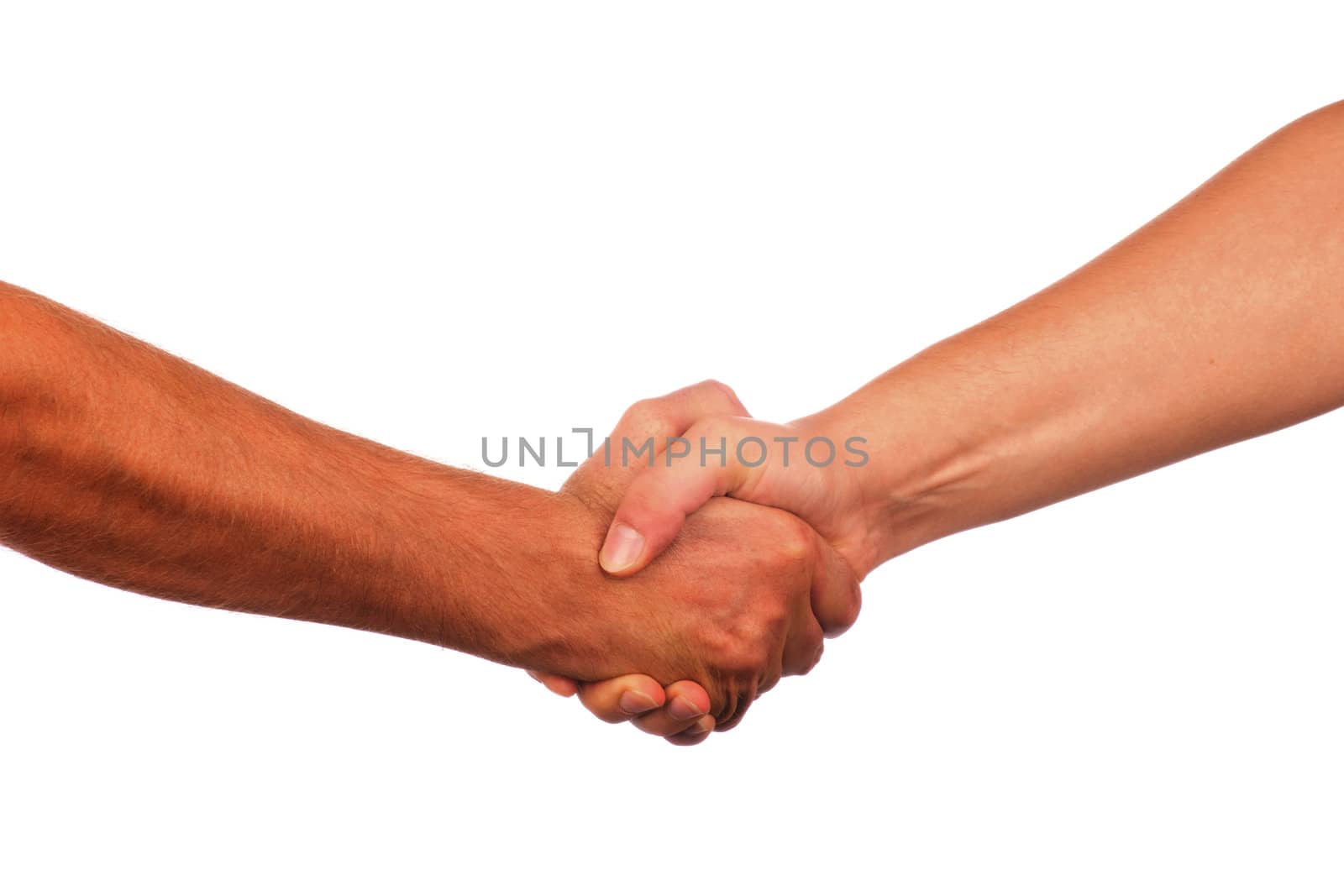 Closeup of people shaking hands isolated on white background