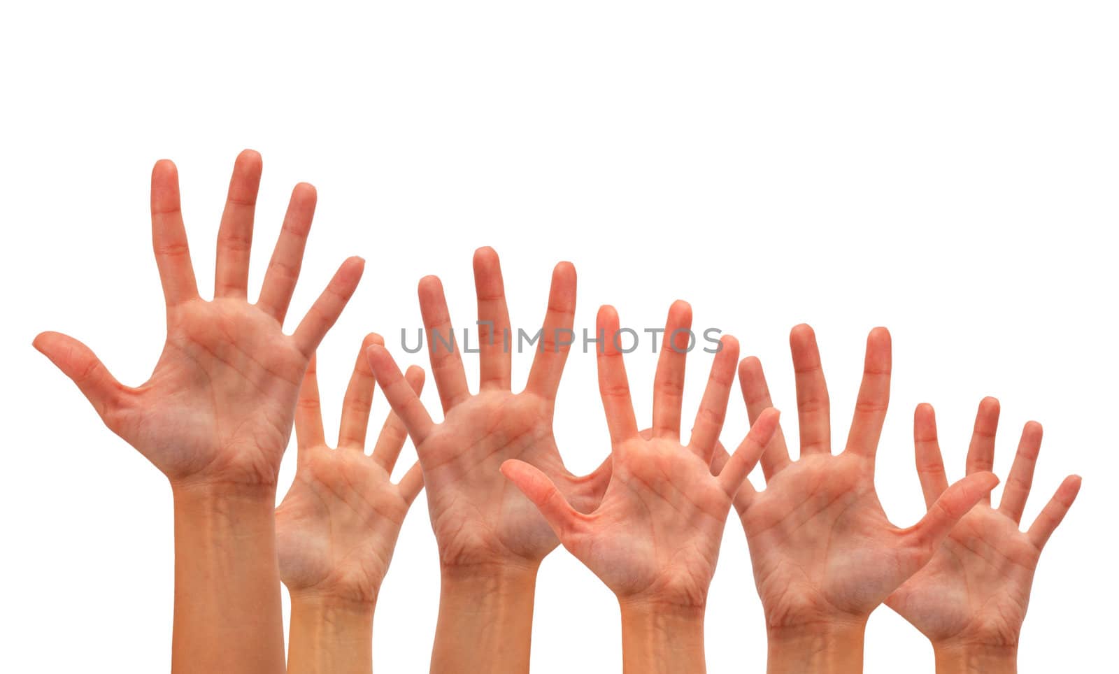 Group of Hands in the air isolated on white background