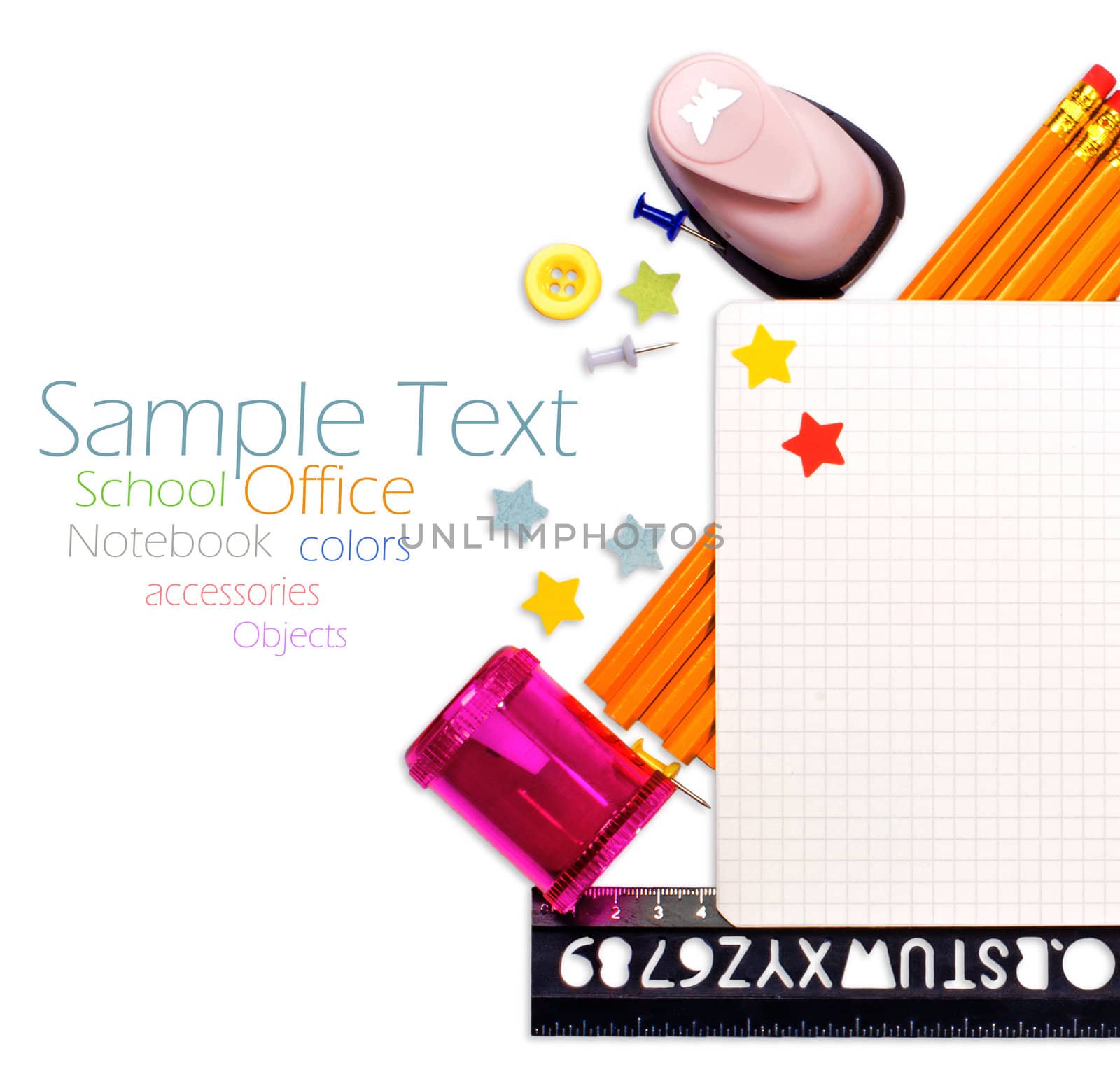 Photo of office and student gear over white background - Back to school concept