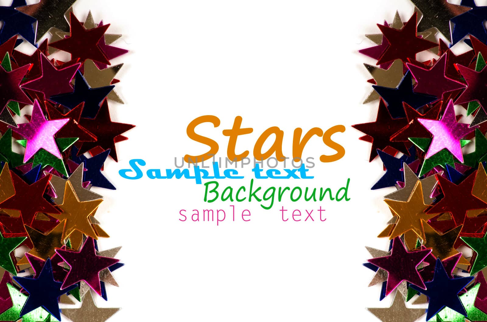 Christmas decoration of colored confetti stars against white background
