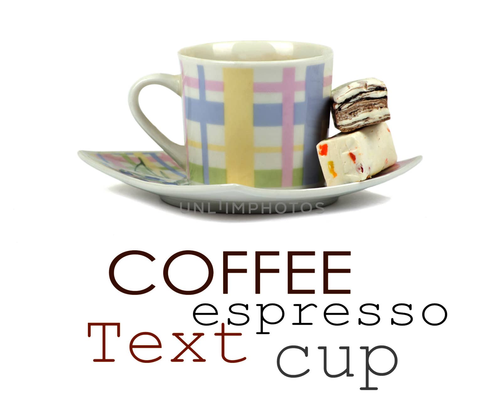 Coffee cup with sweets on white background