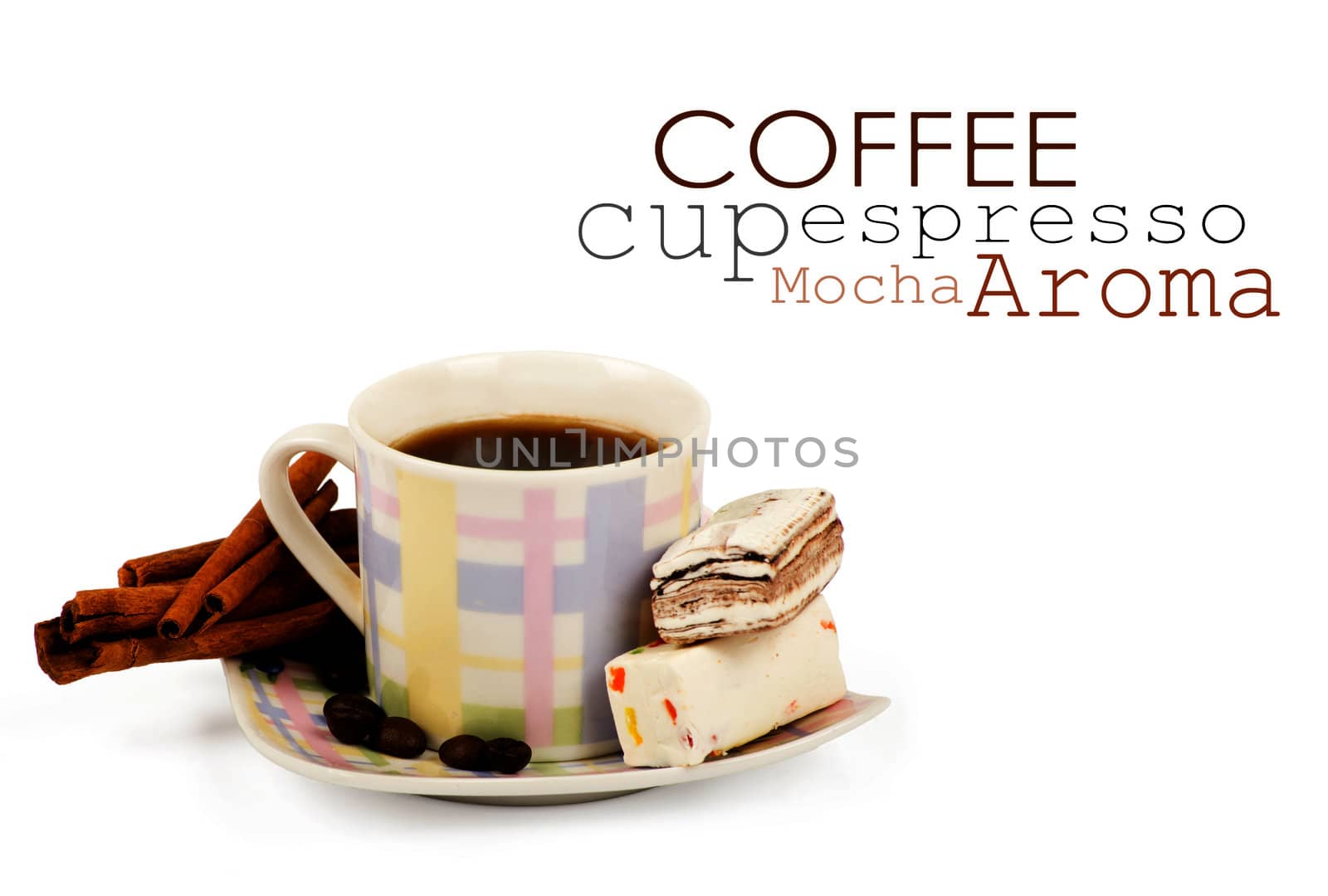 Coffee cup with sweets an cinnamon on white background