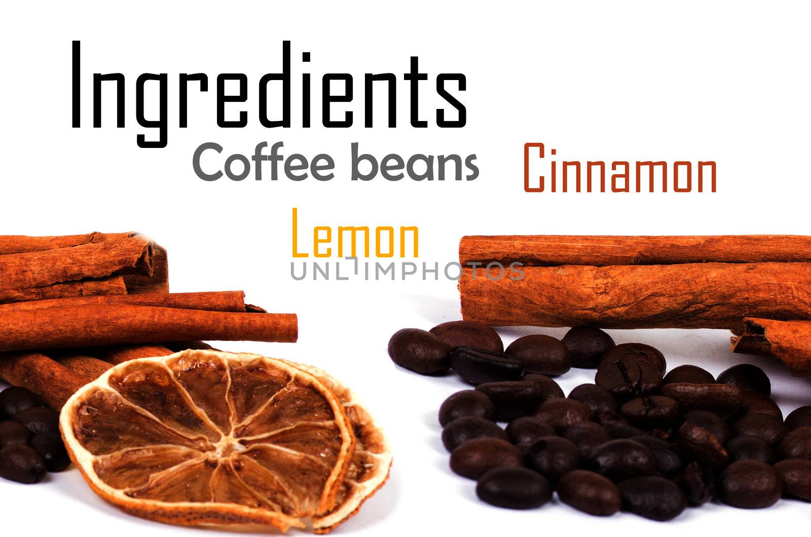 cinnamon, lemon and coffee beans isolated on white