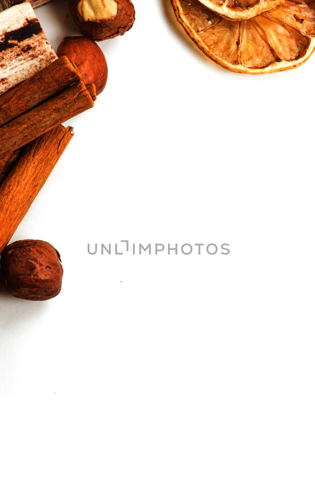 Menu Design.Old paper, coffee bean, cinnamon, lemon, burlap.