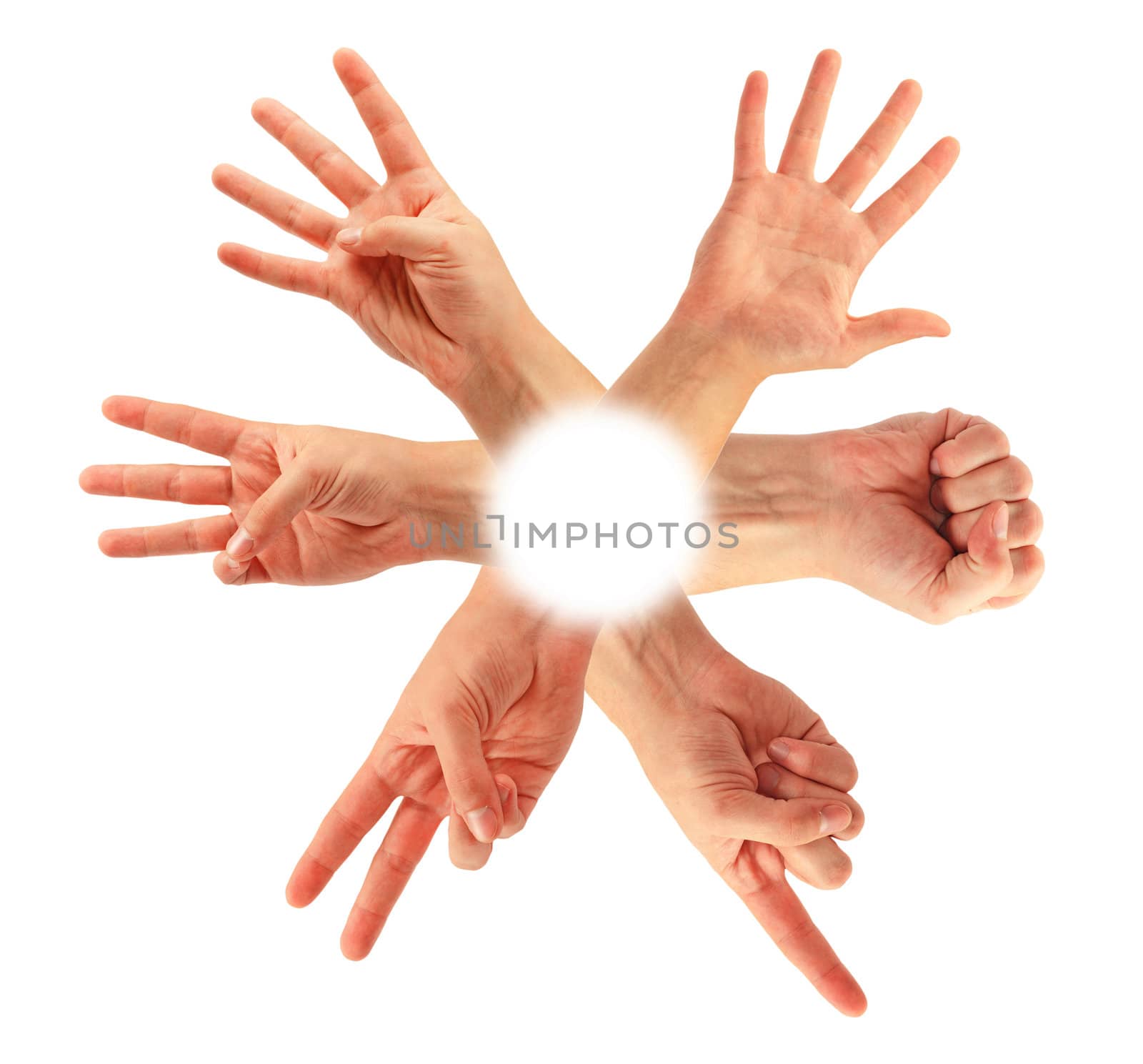 Counting man hands (0 to 5) isolated on white background