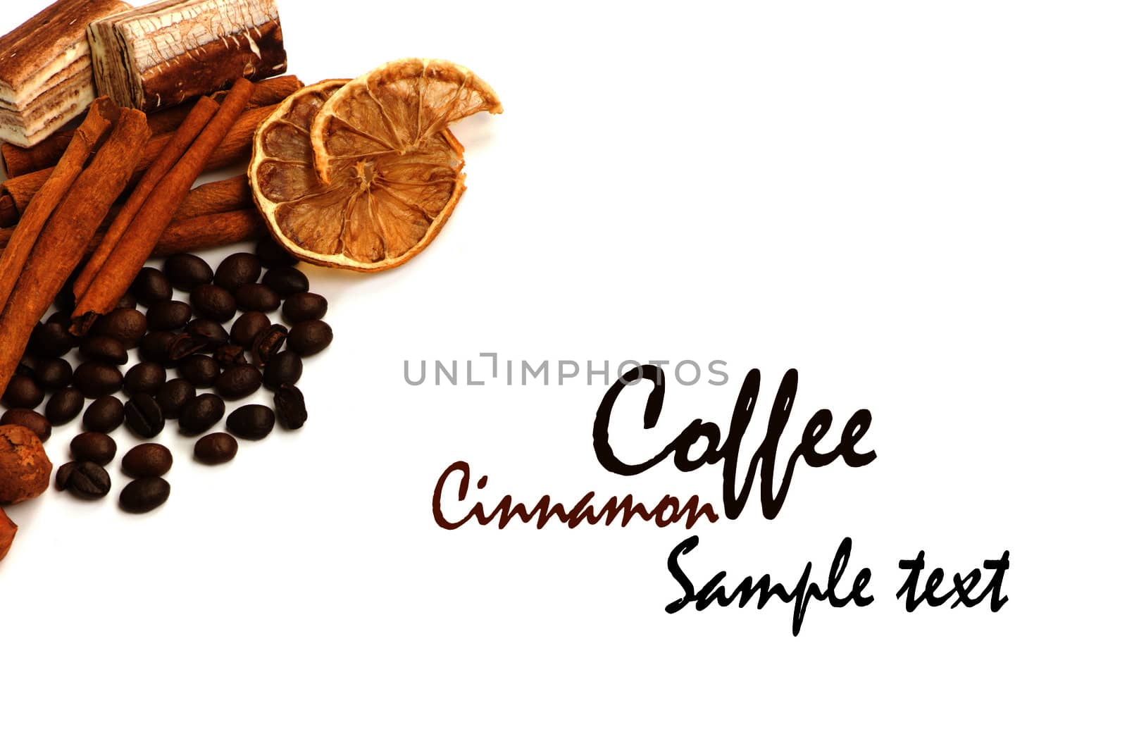 Coffee beans, cinnamon, lemon and sweets over white with a space for Your text