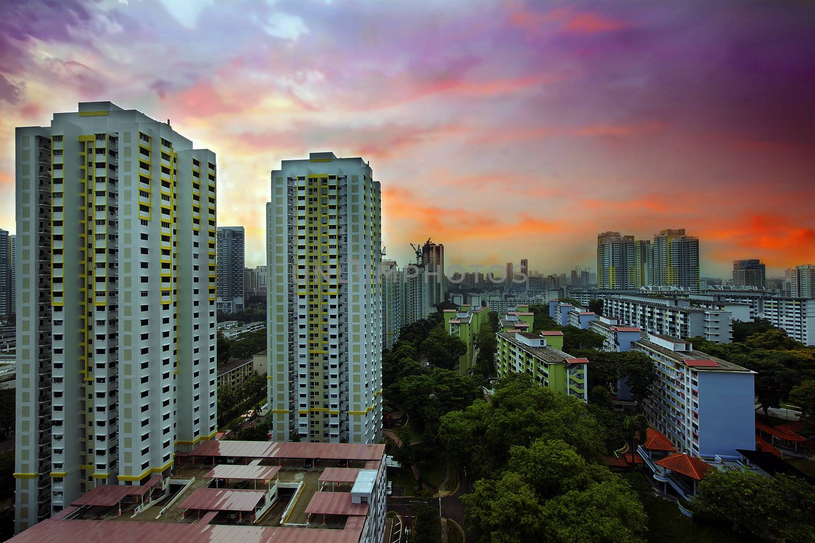 Sunset Over Singapore Government Public Housing Estate