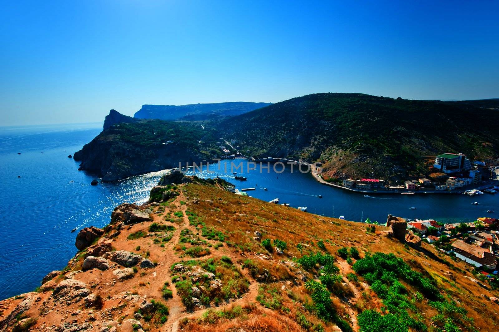 View of the entrance to the picturesque bay of Balaklava and the remains of the fortress Cembalo