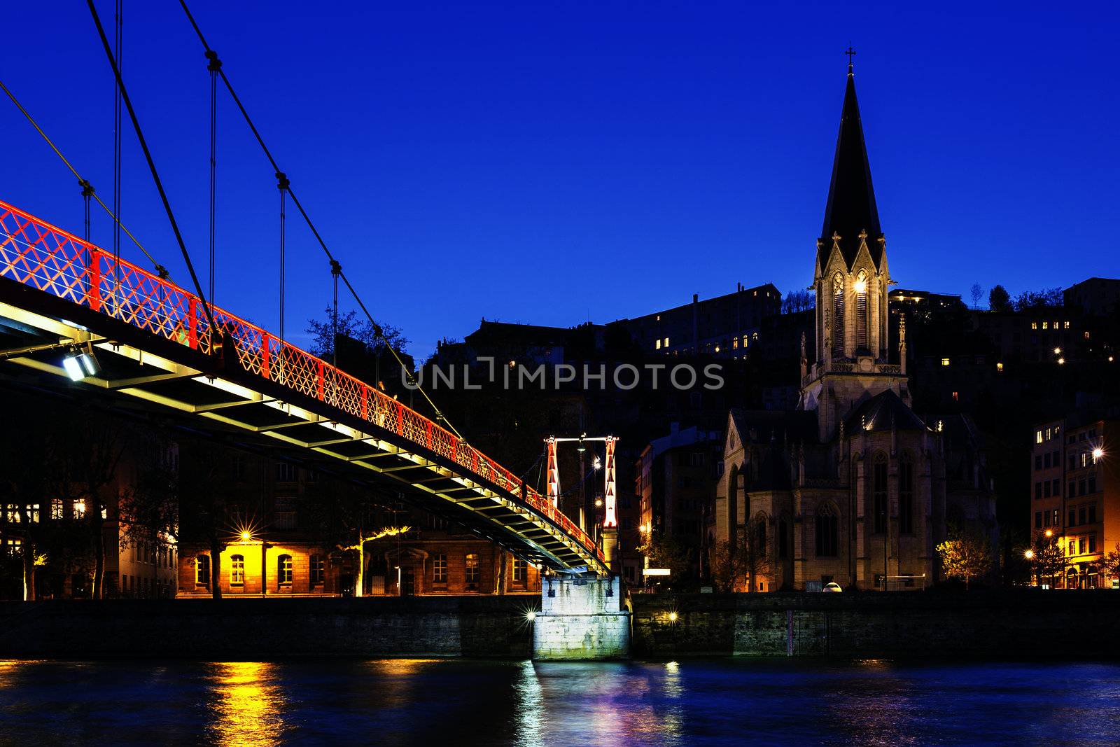 Footbridge over river saone at night, Lyon, France