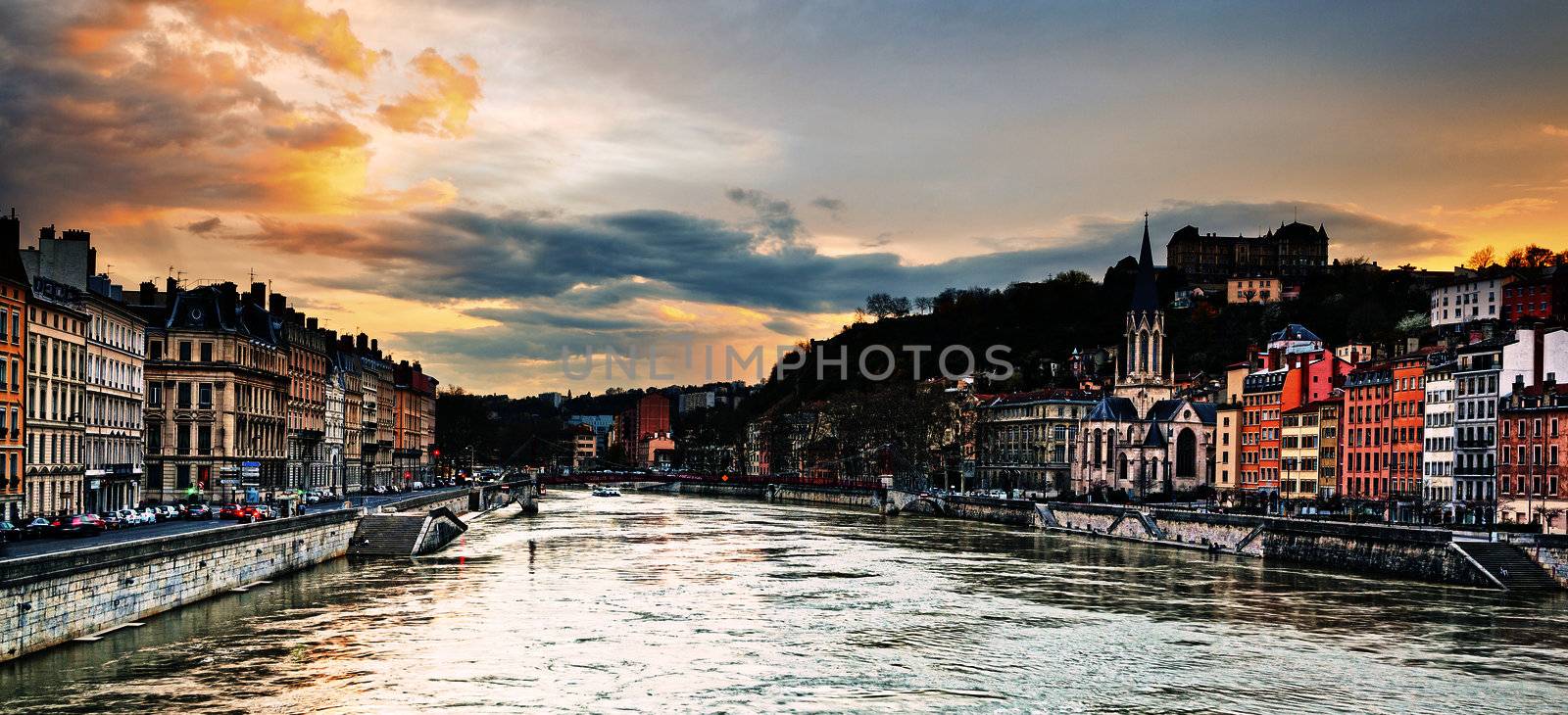 Bridge over river saone at sunset, Lyon, France