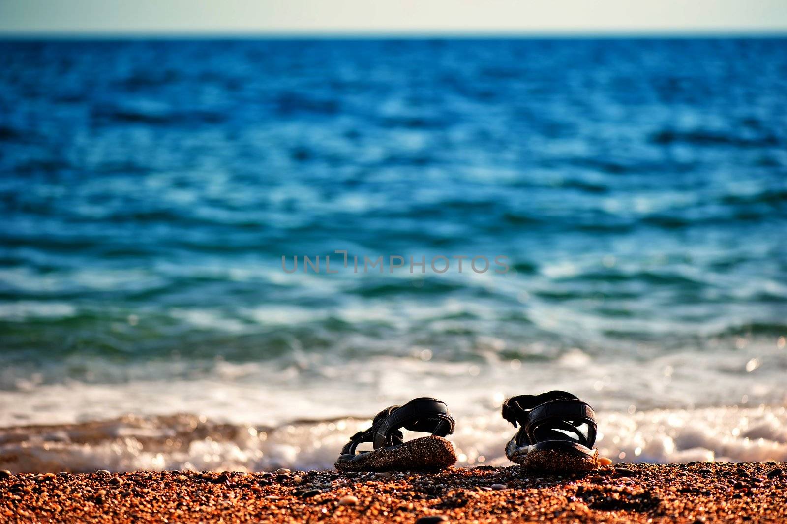 Beach shoes at the edge of the sea on the sandy beach.