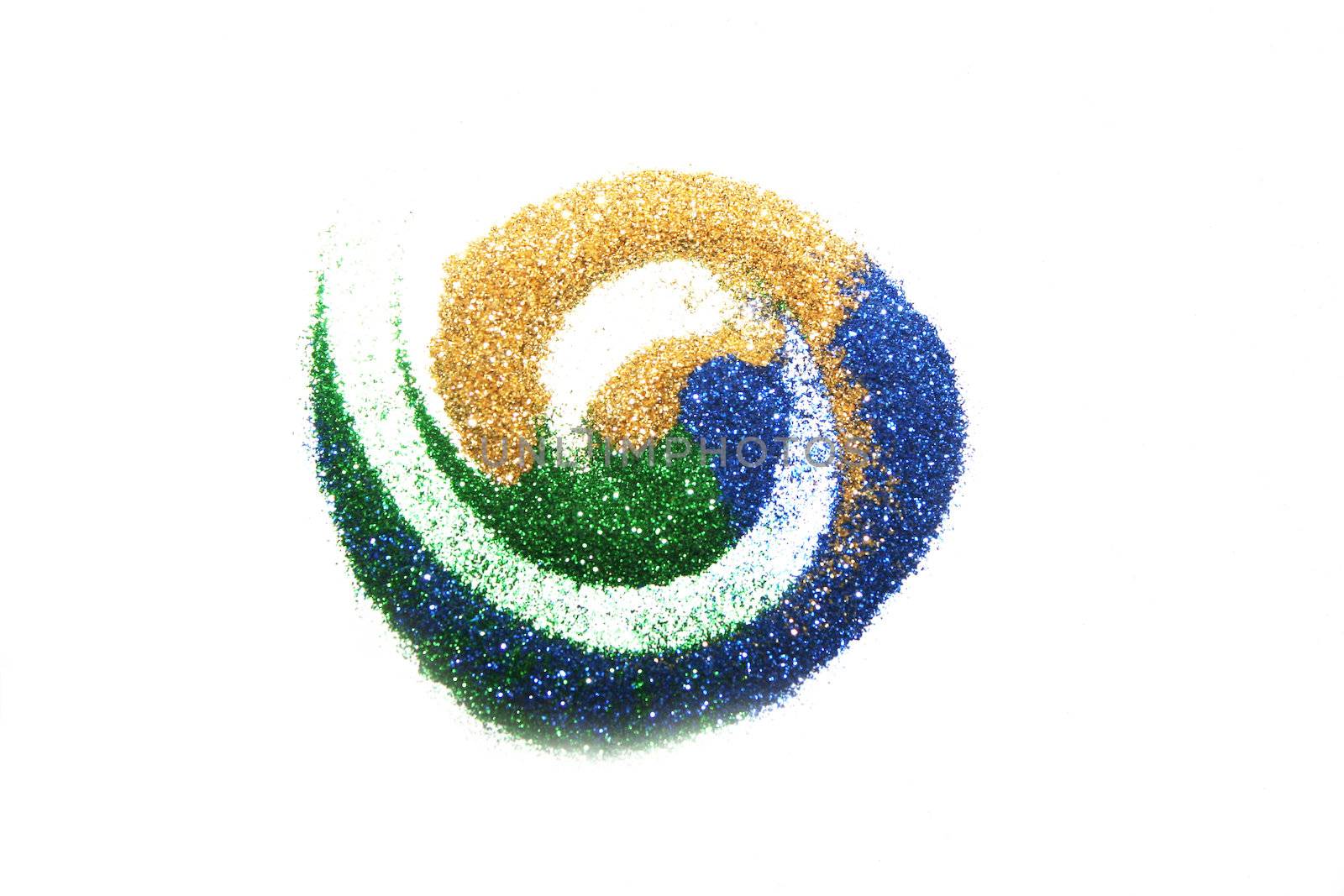 stylized symbol zen imprinted on colored glitter powder