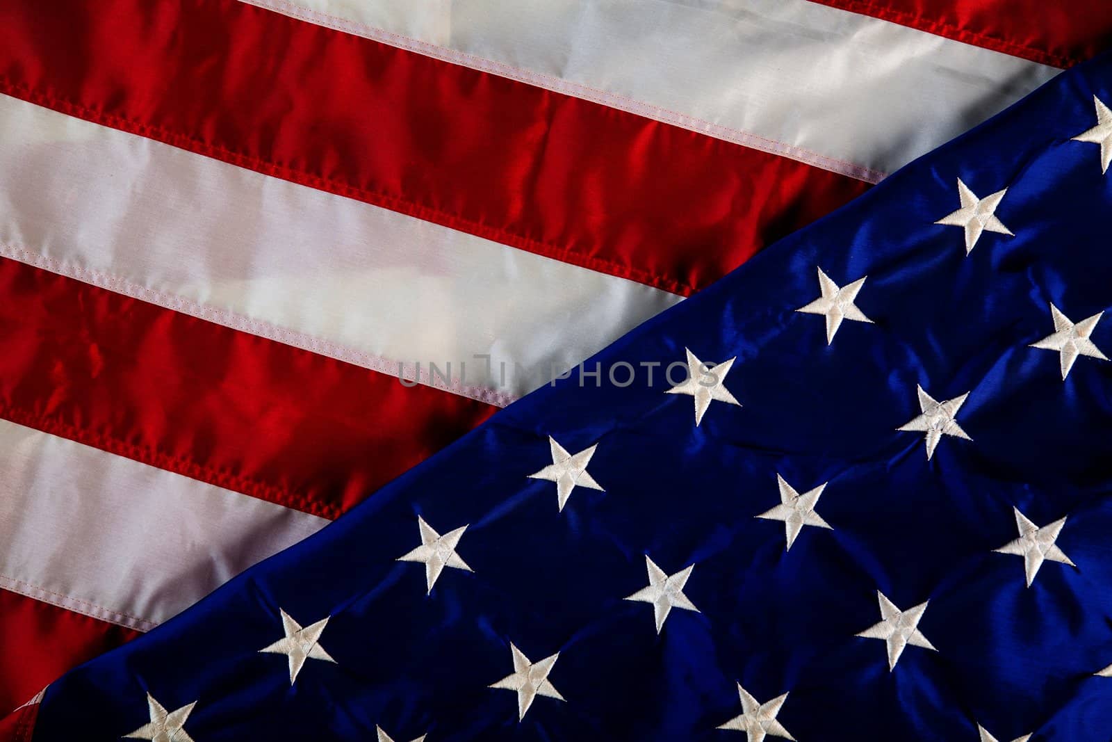 Crumpled, vintage American flag. Real photo. Closeup.