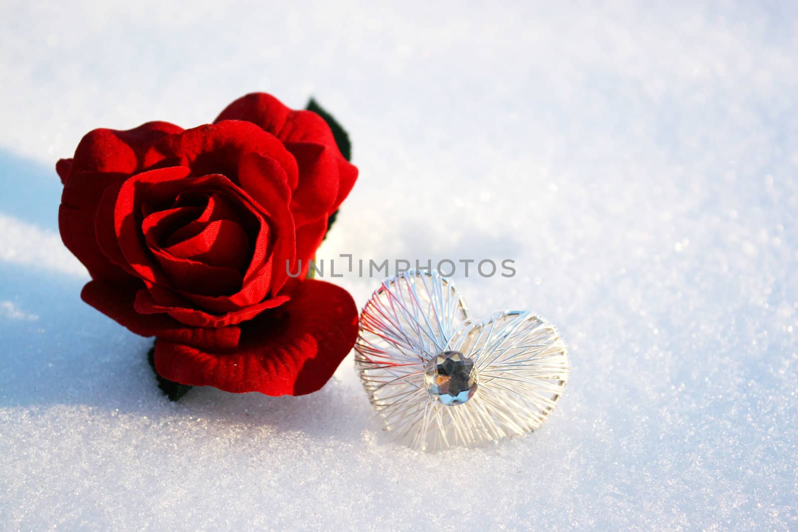 beautiful red rose in snow with crystal heart in a winter day