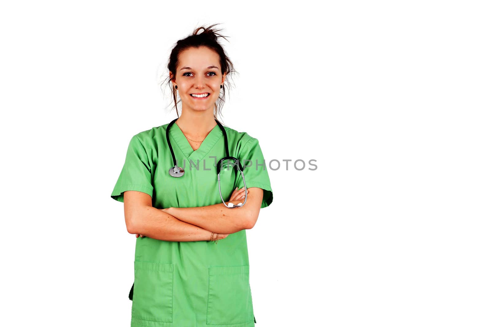 Young woman in green scrubs smiling by Mirage3