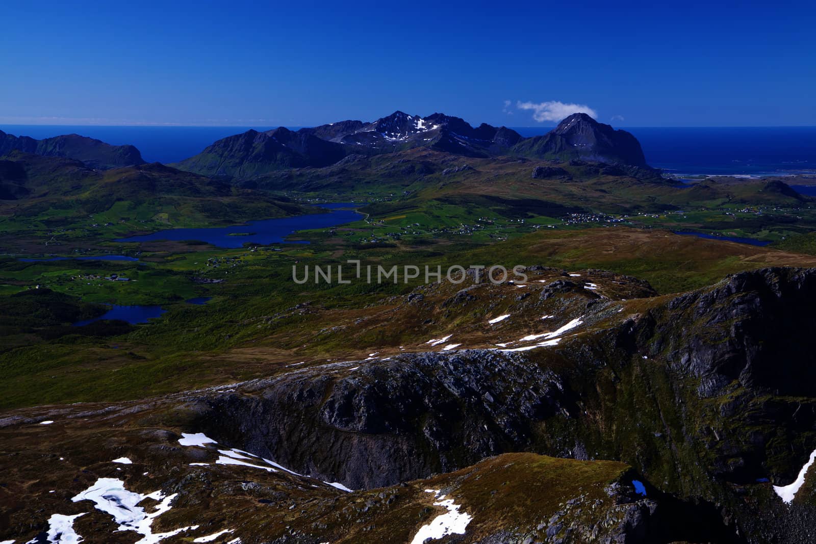Scenic panorama of green Lofoten islands in Norway during summer