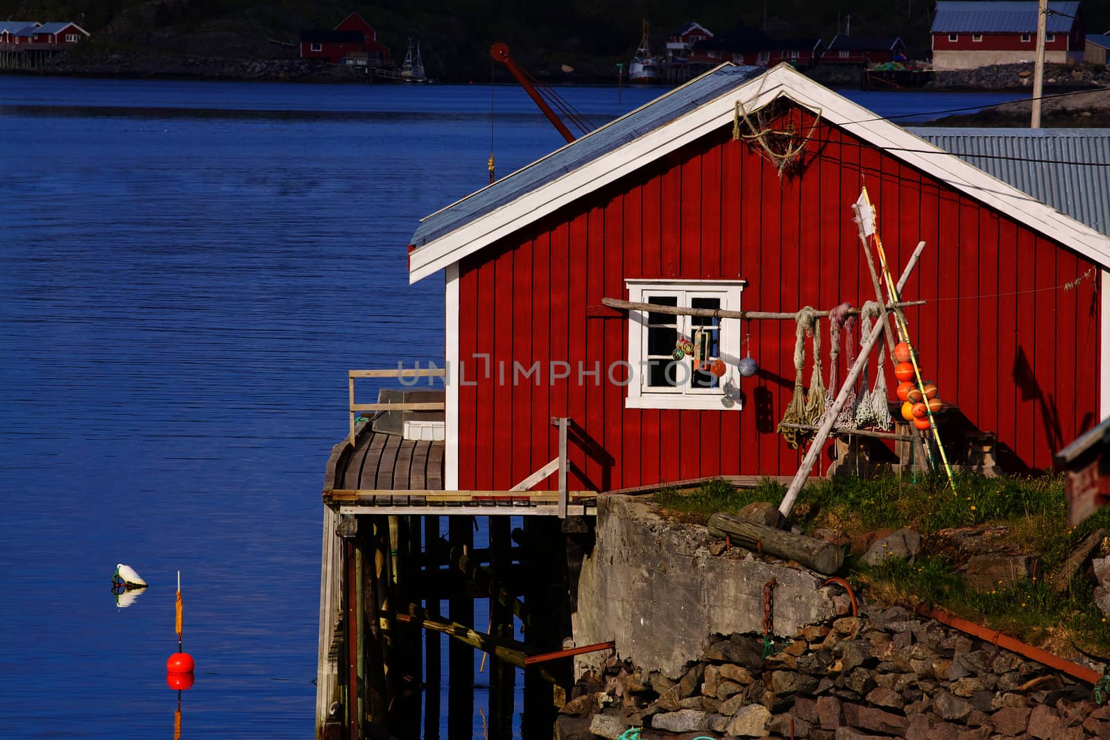 Picturesque red fishing hut on the coast of fjord on Lofoten islands in Norway