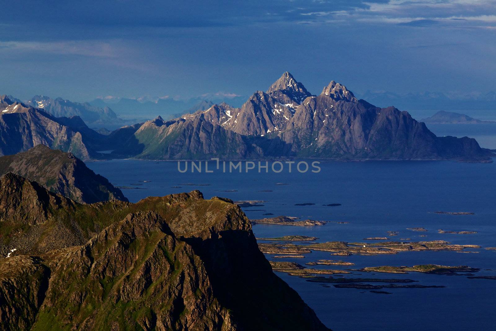 Scenic view of sharp mountain peaks on Lofoten islands in Norway during summer
