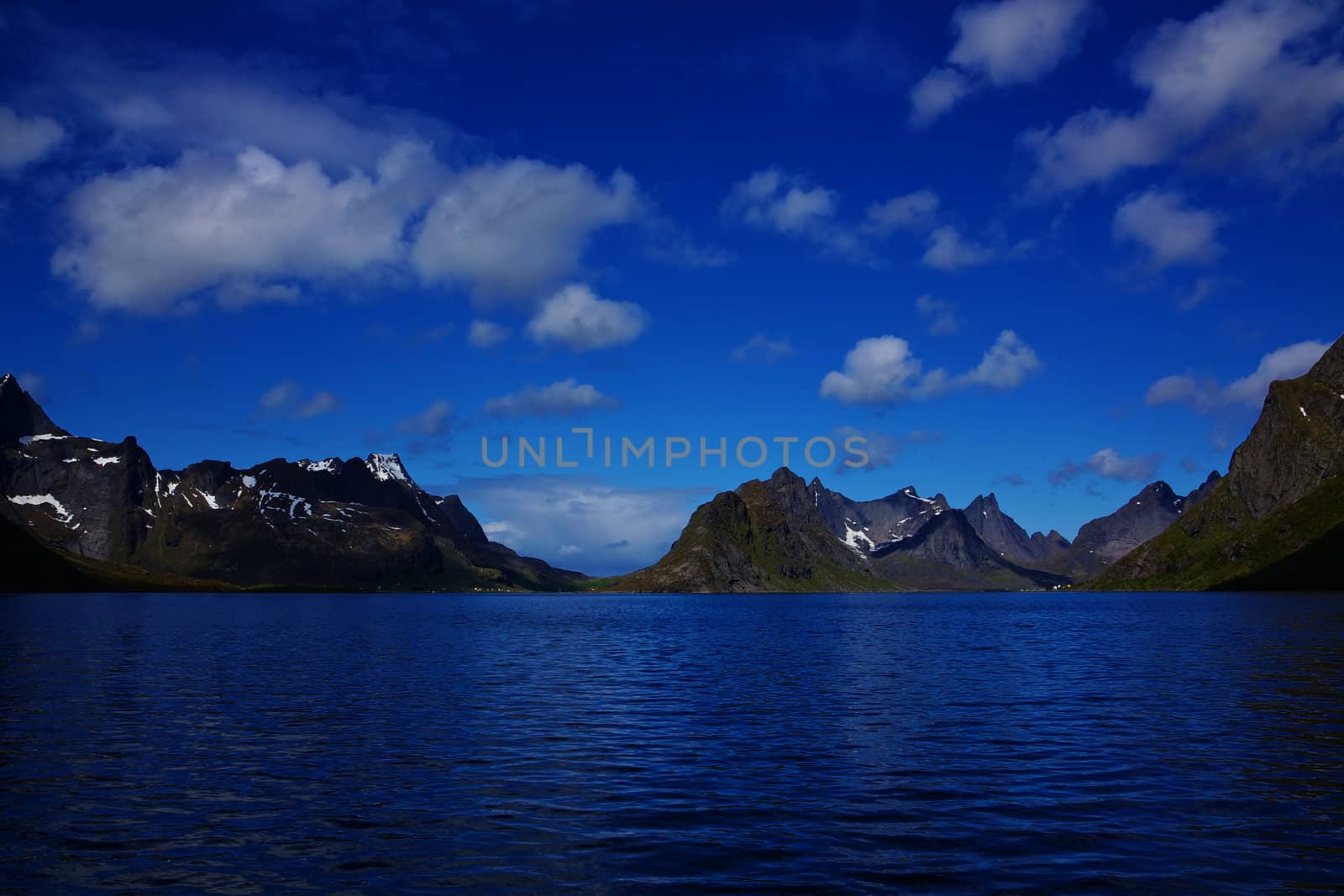 Scenic panorama of fjord on Lofoten islands in Norway on sunny summer day