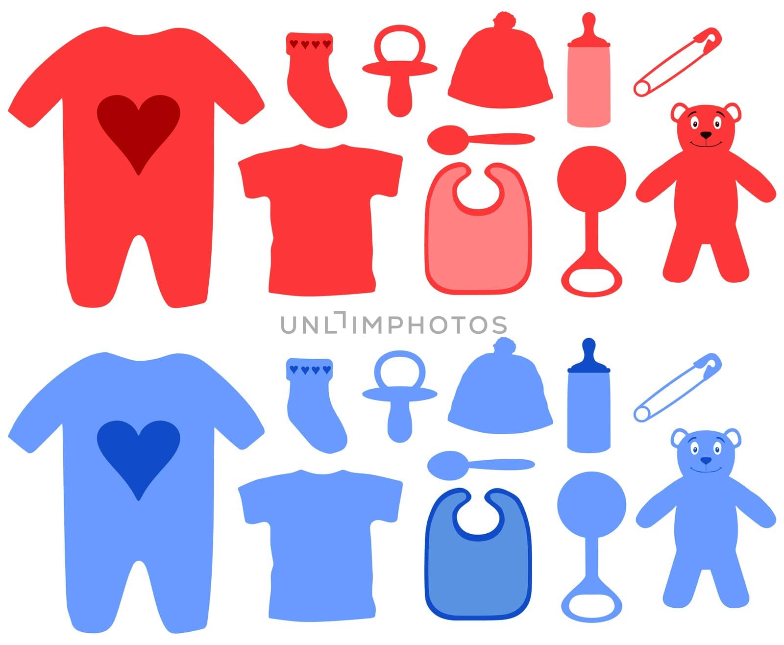Illustration of many boys and girls baby items