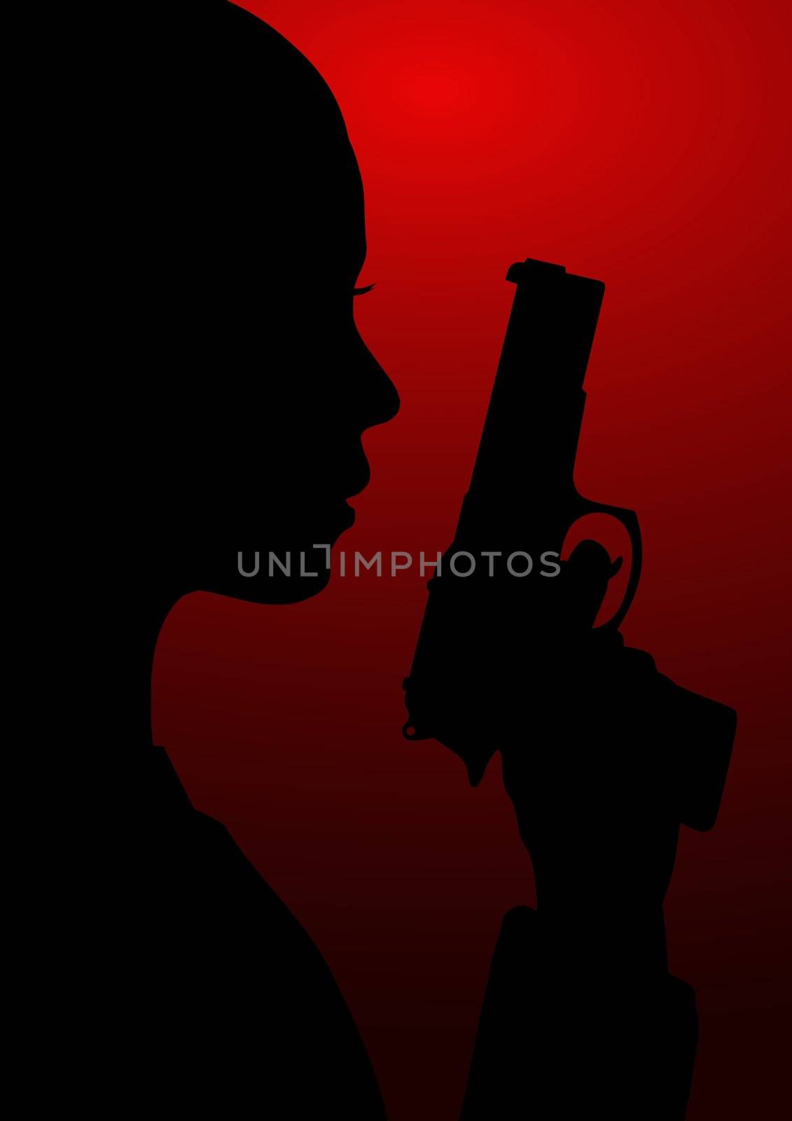 Black and red illustration of a girl with a gun