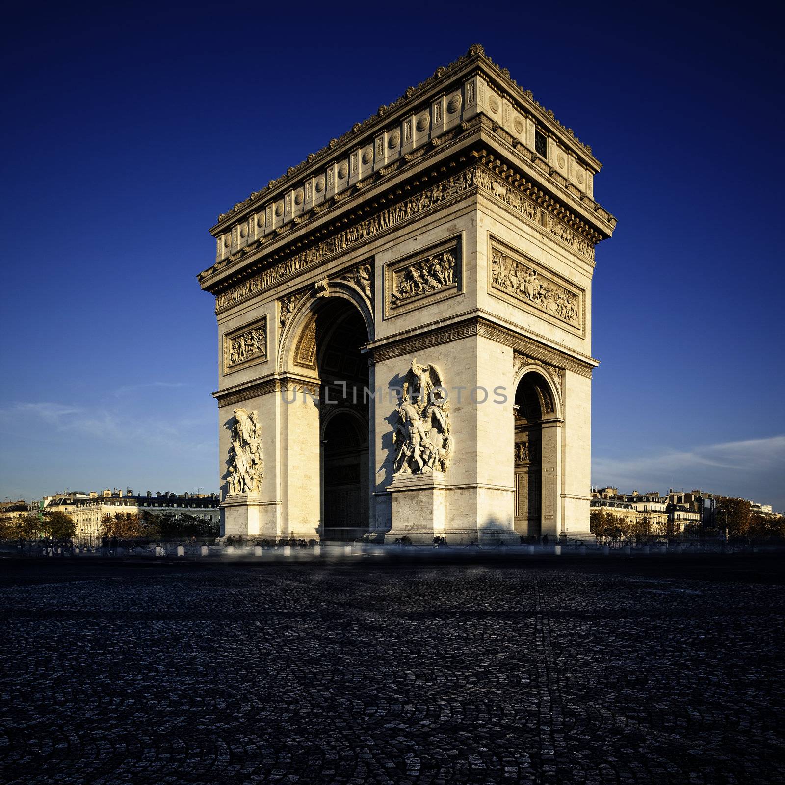 Famous view of the Arc de Triomphe in morning light