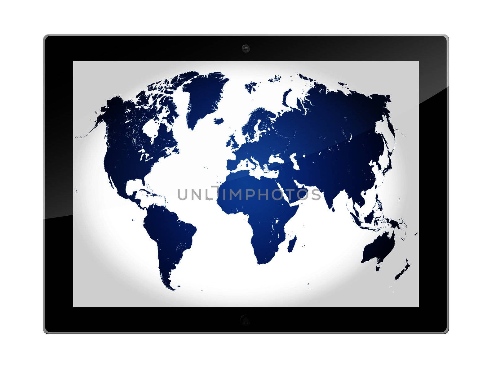 Tablet pc computer with blue World Map Illustration on white background