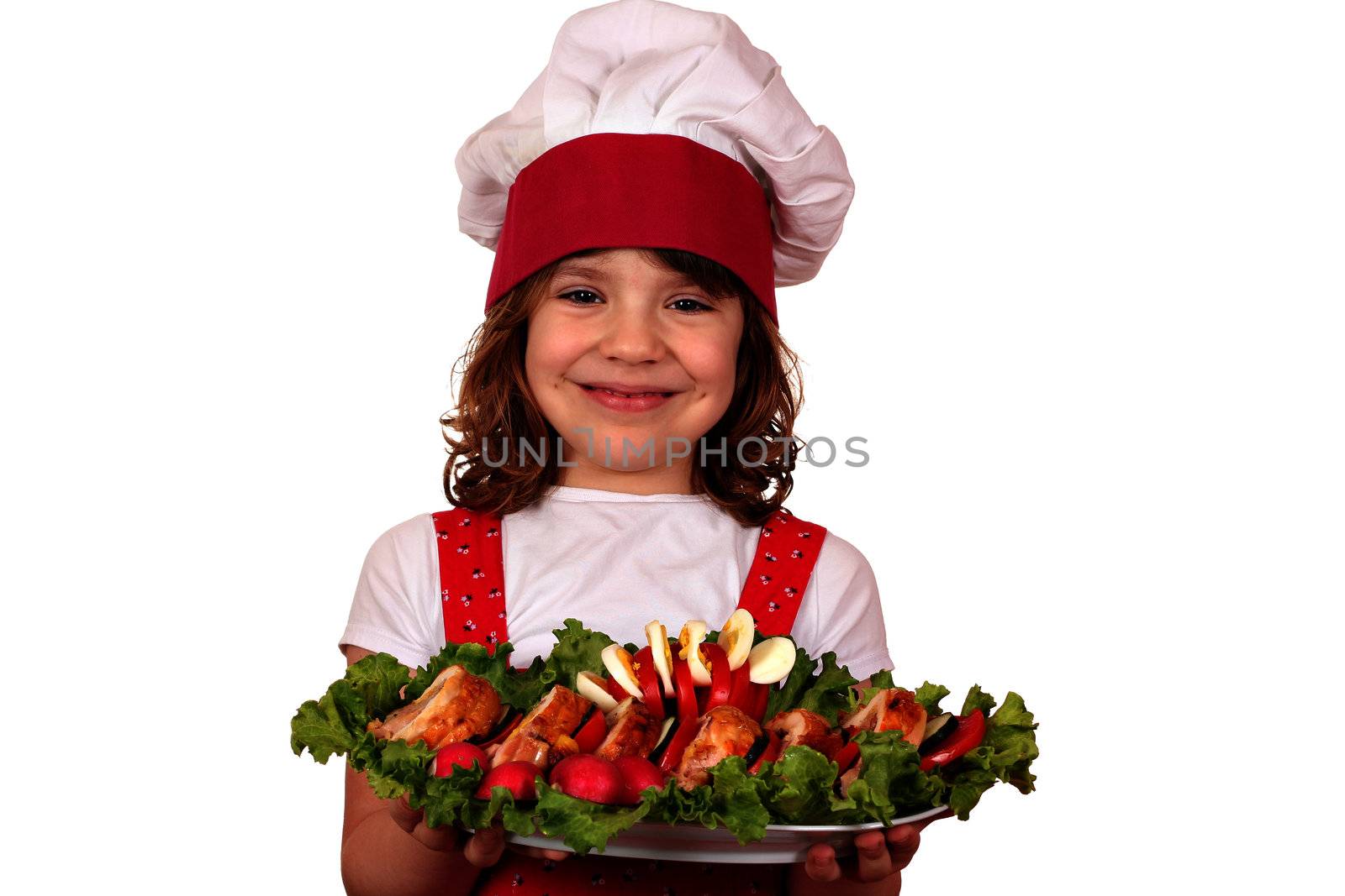 beautiful little girl cook with gourmet food