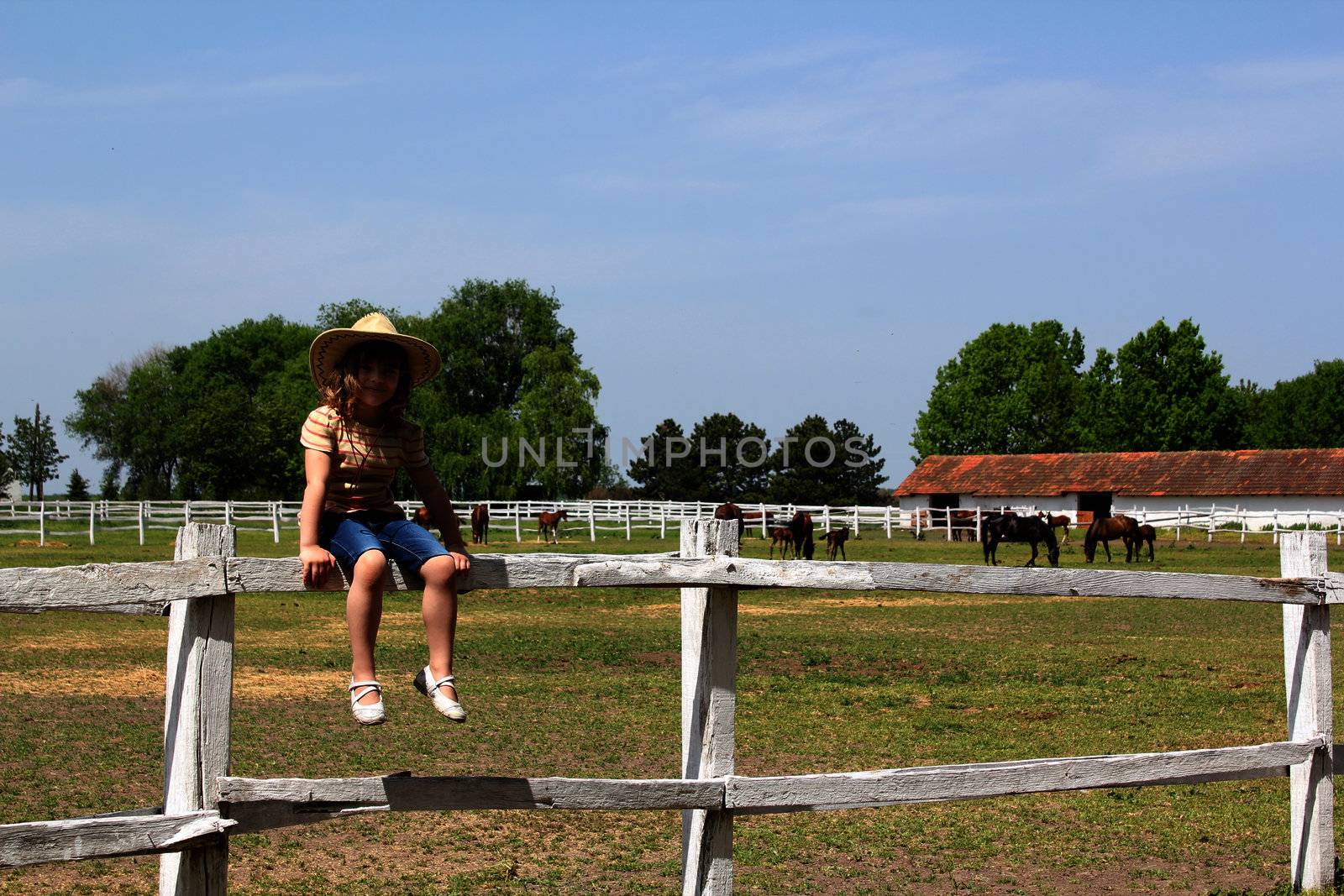little girl sitting on corral fence farm scene