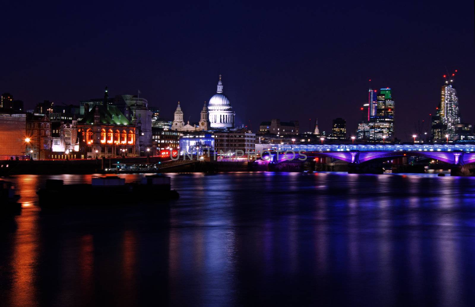 London River Thames and landmarks including St Pauls at night