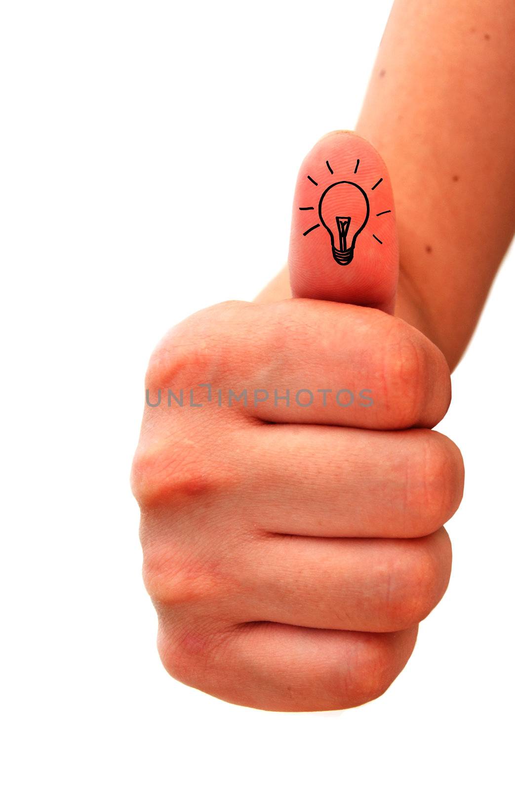 Light bulb printed on hand signaling thumbs up 