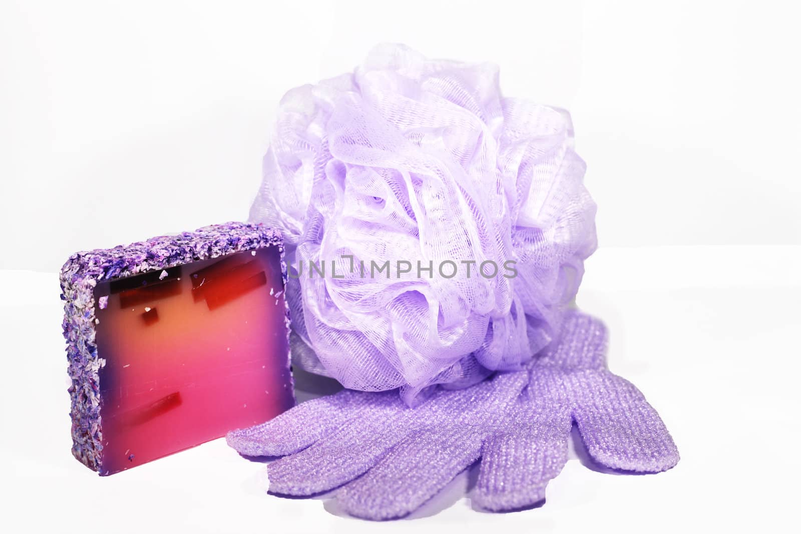 composition of sponge to wash,colored soaps and shampoo  bottle