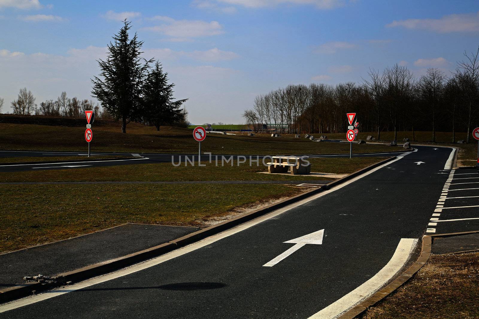 An empty rest area, parking lot (autoroute aire de repos) along the French highway