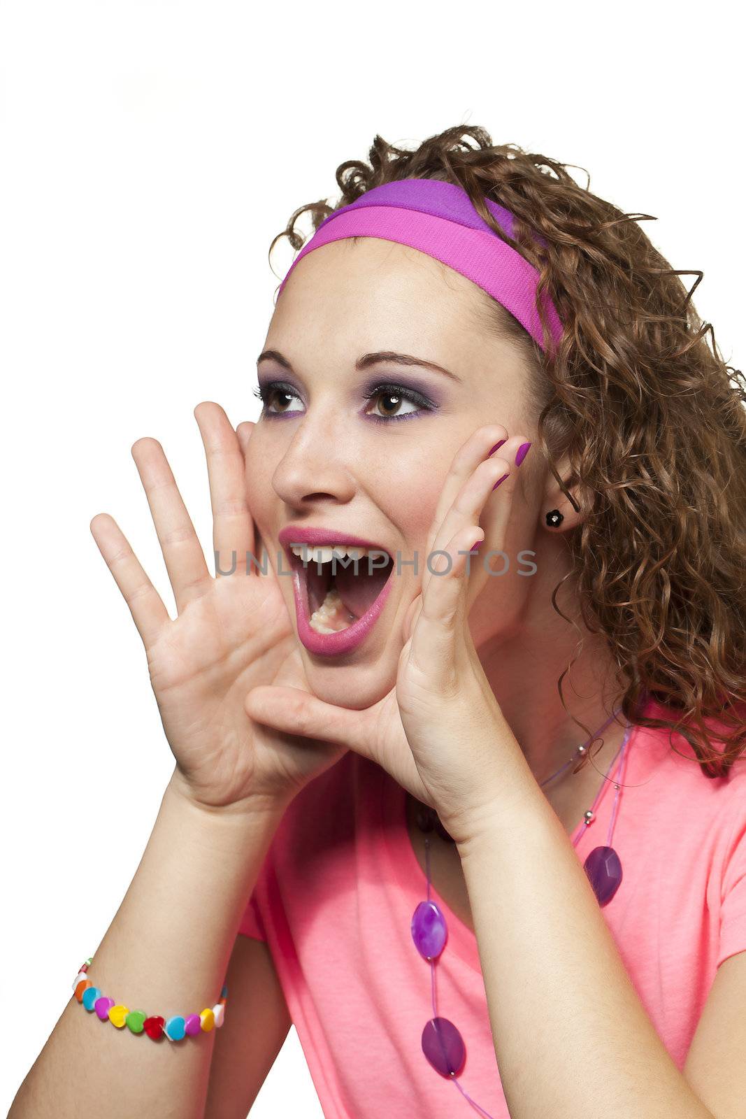 Girl in nostalgic pink yells into the distance. Makeup by Irene Prowell - professional freelance makeup artist.