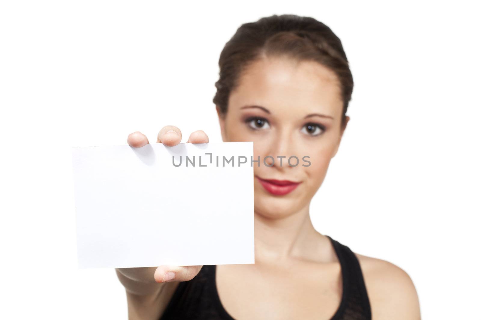 teen model holding up white card to use for creative text by kozzi