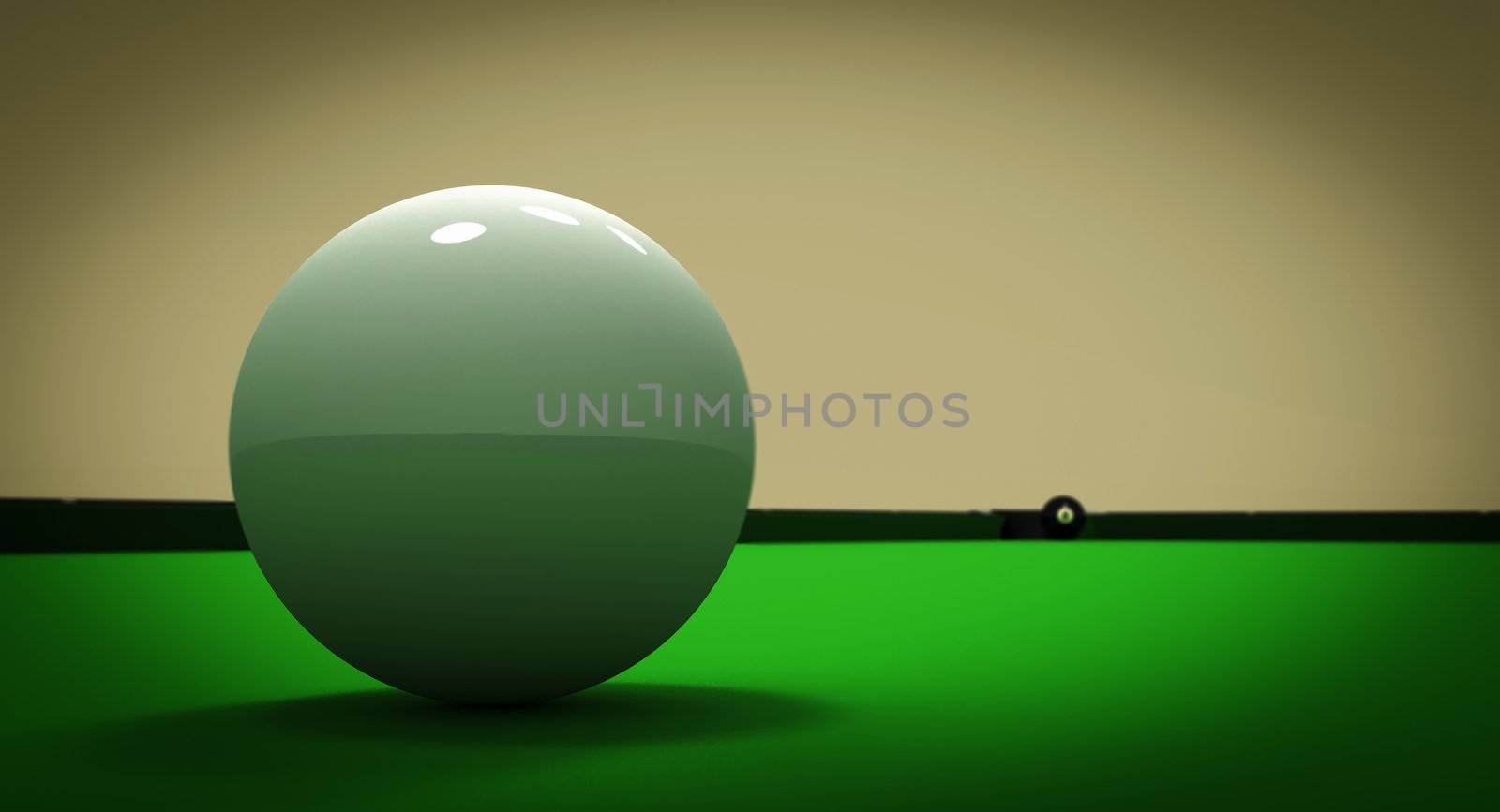 A white ball in the center of a pool table and the 8 ball near the left corner pocket.