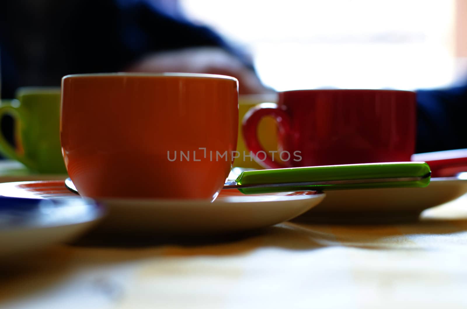 Breakfast tea and coffee cups, very colorful and bright