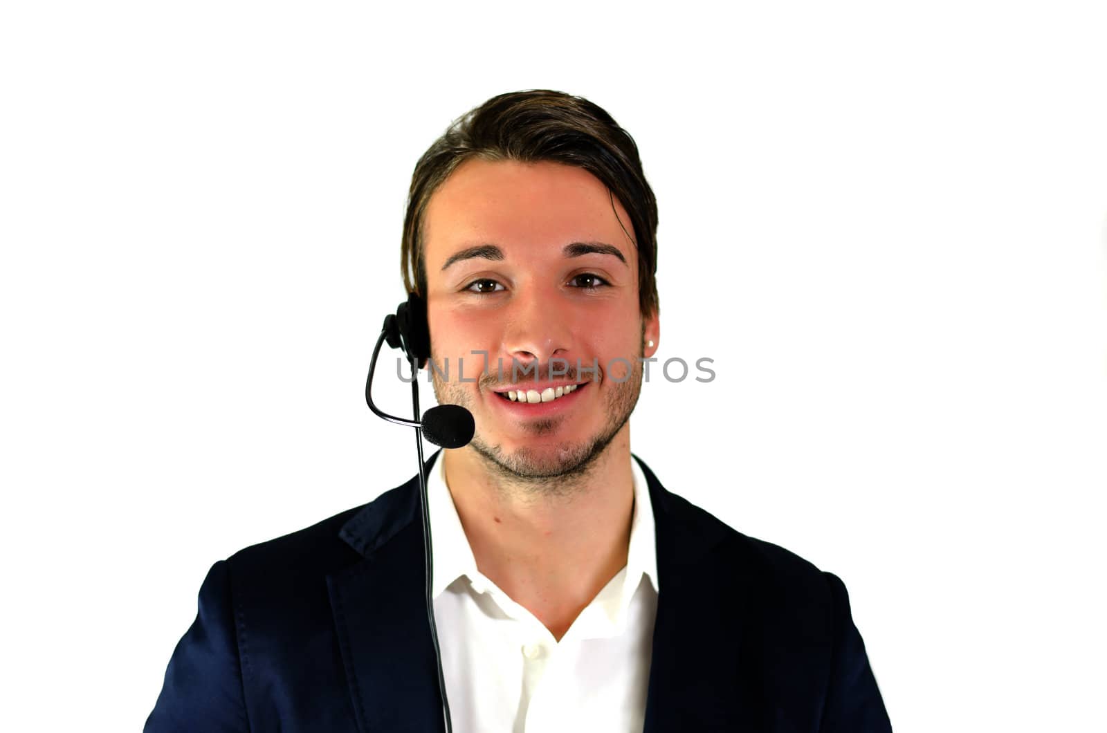 Young man, telemarketing, helpdesk, customer service operator with headseet, isolated