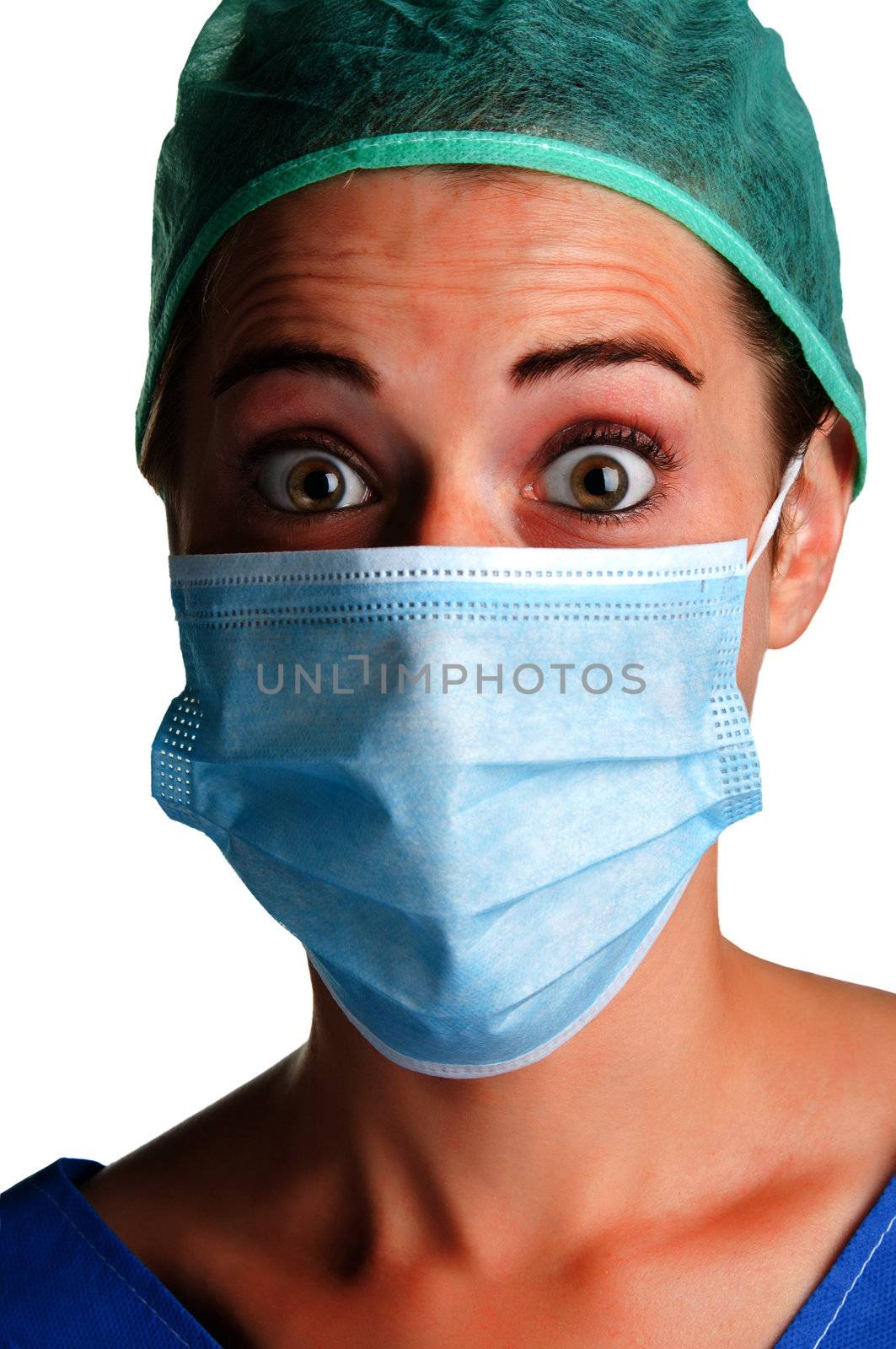 Closeup portrait of a surprised female surgeon, with face mask, isolated.