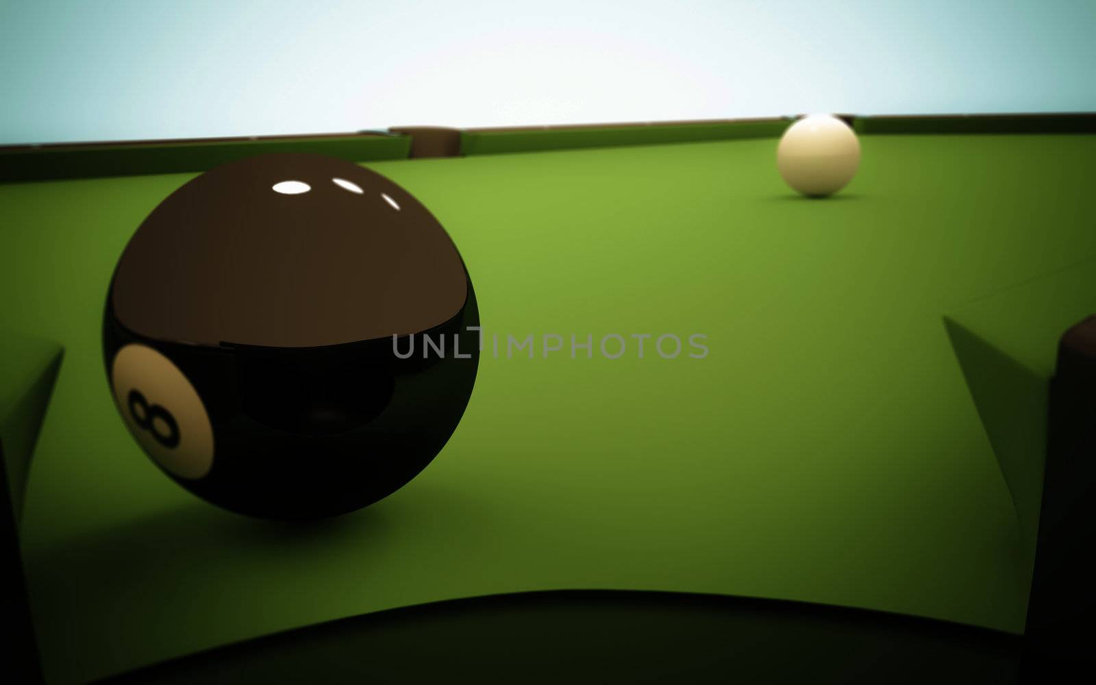 A white ball in the center of a pool table and the 8 ball near the corner pocket, viewed from within the pocket.