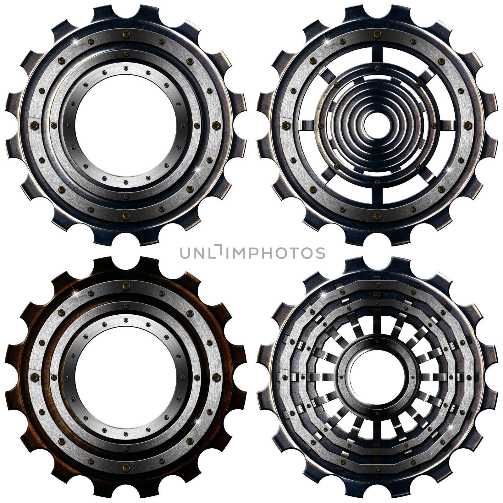 Four metal and bronw gears with bolts isolated on white background