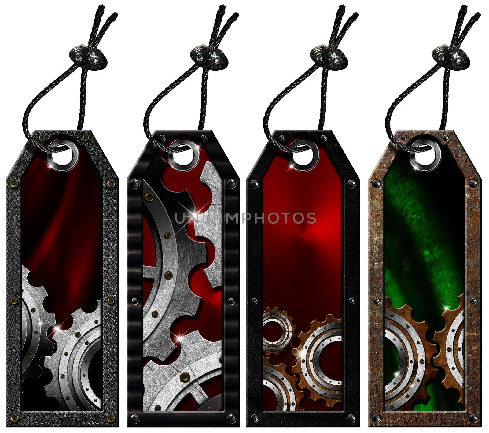 Four grunge metallic tags with steel cable and gears on white background
