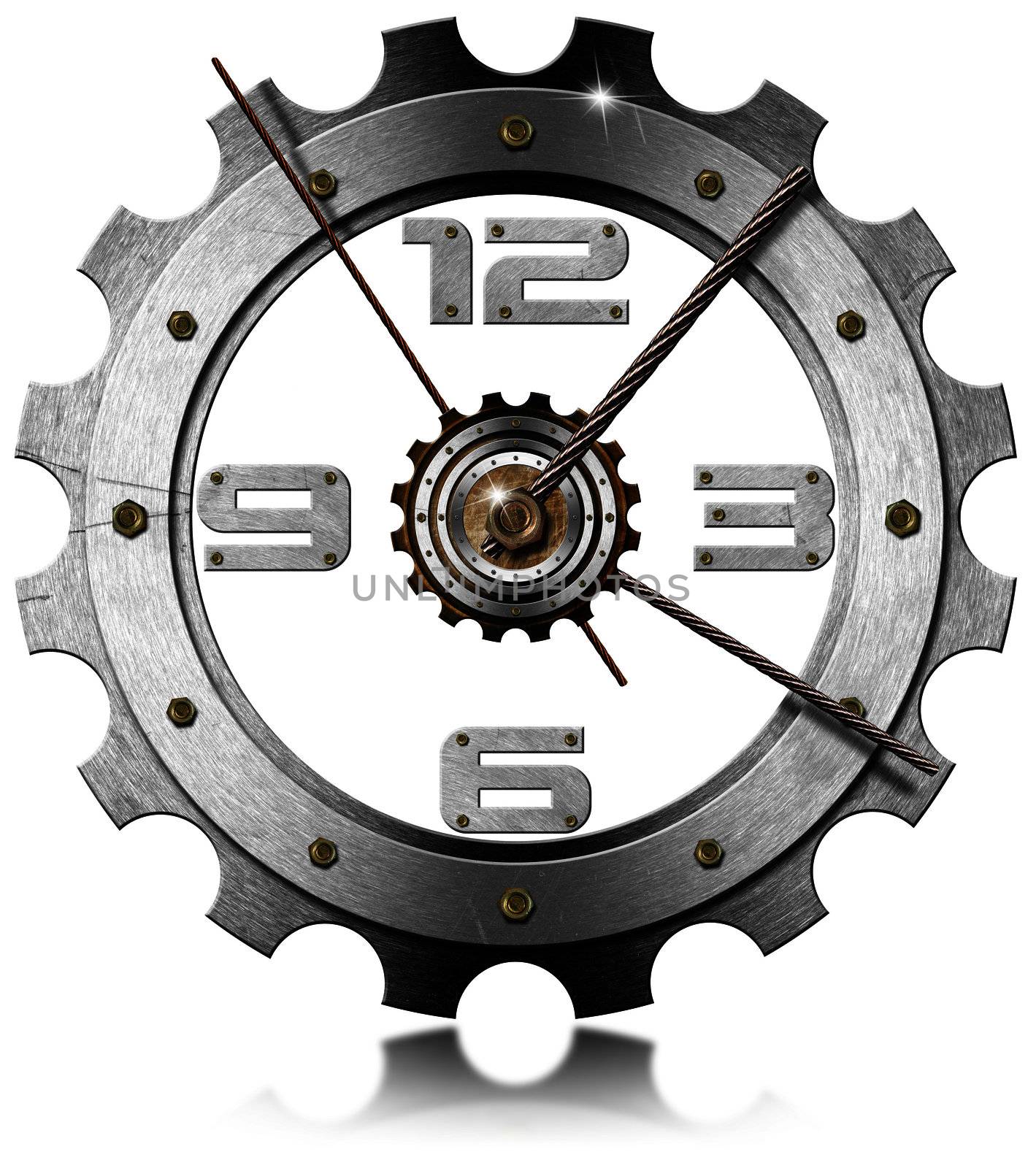 Grunge metal clock gear-shaped on white background with metal cable
