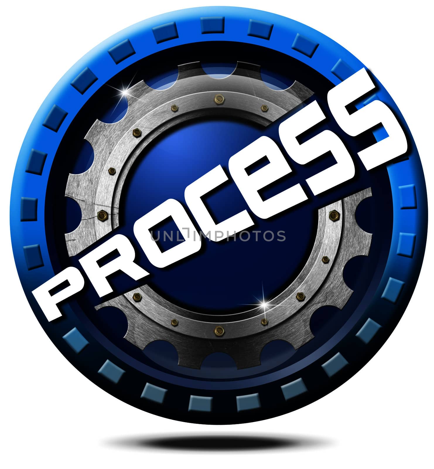 Process blue and metal button on white background