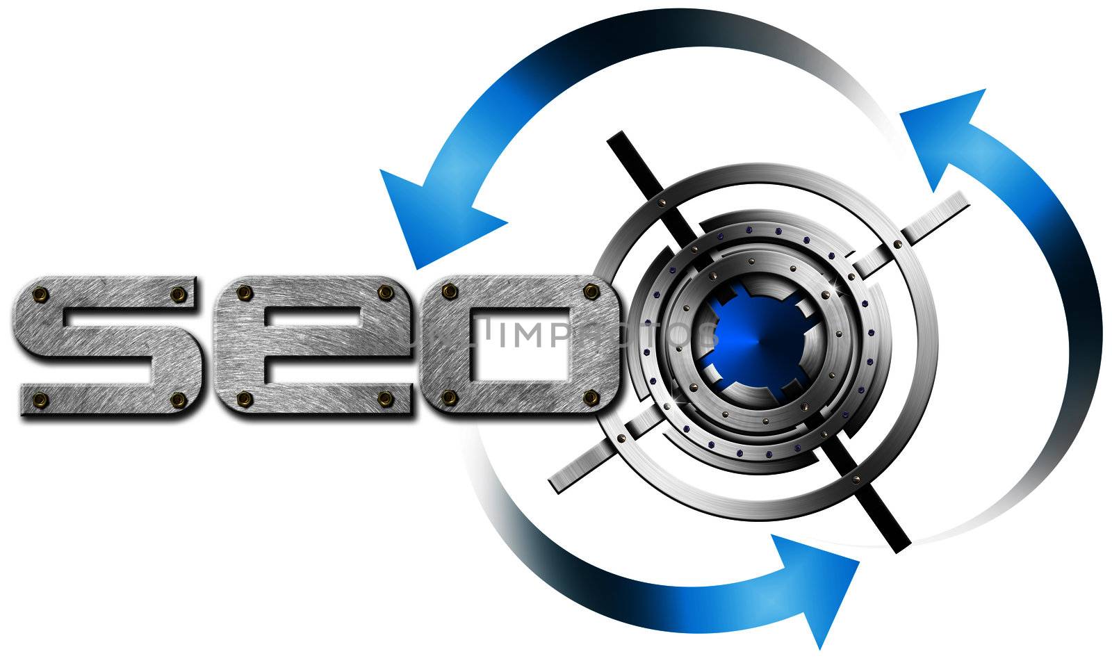 Illustration with metal written SEO, metal target and blue arrows