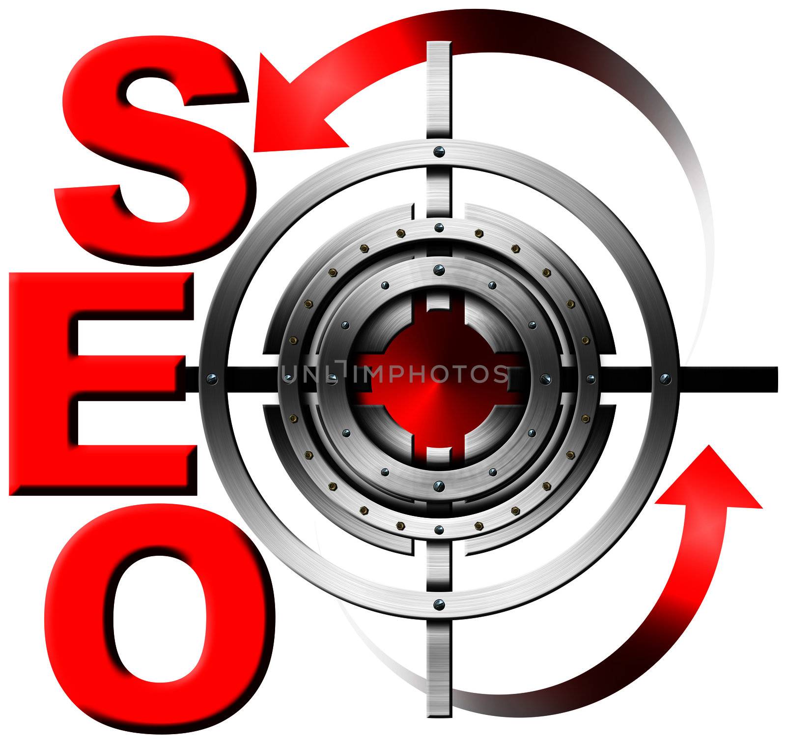 Illustration with red written SEO, metal target and red arrows
