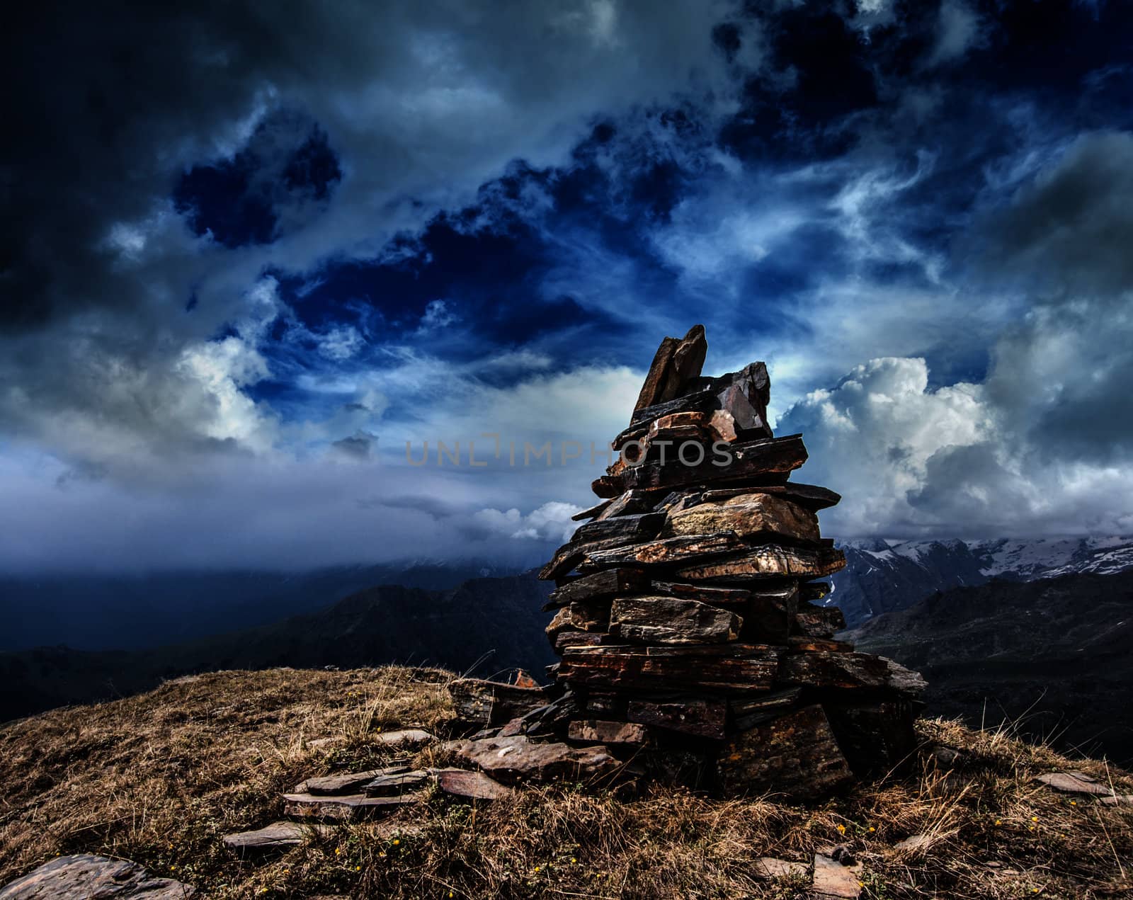 Stone cairn in Himalayas mountains