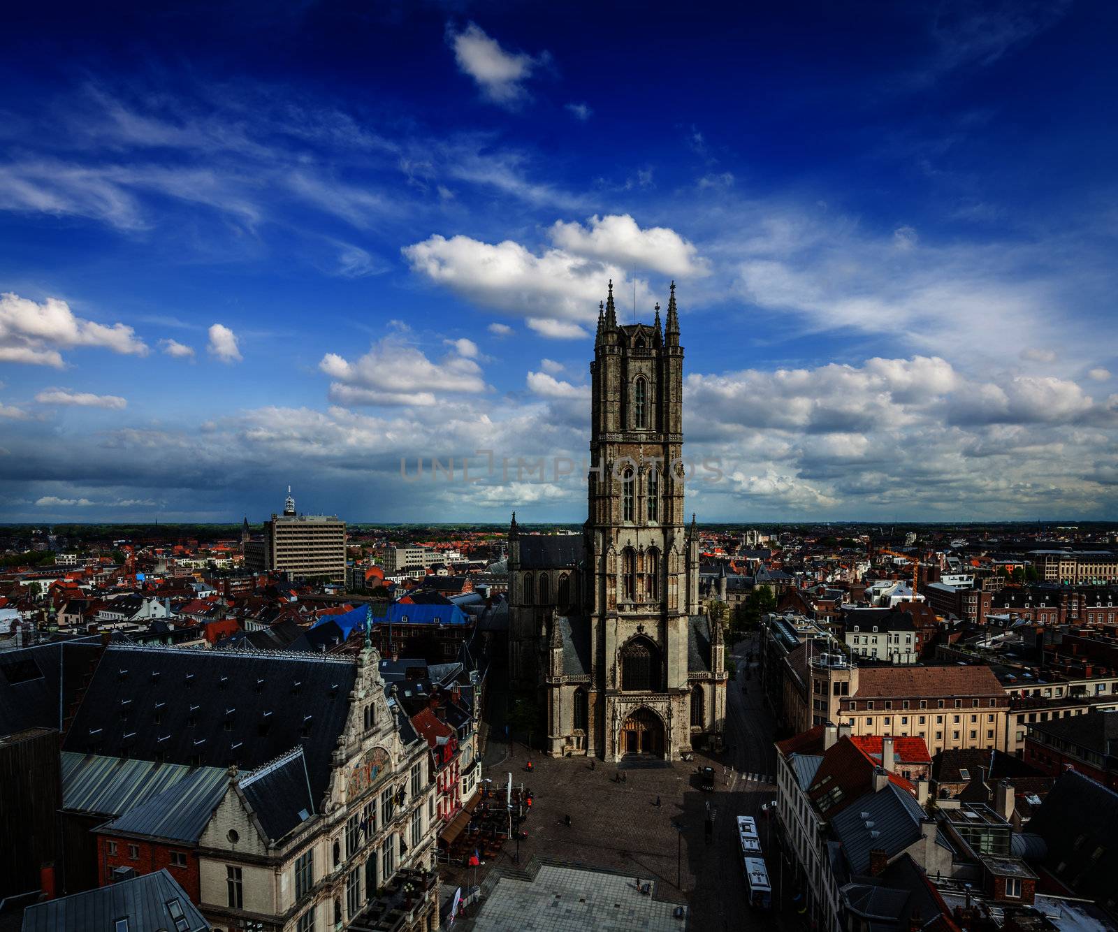 Saint Bavo Cathedral (Sint-Baafskathedraal) and Sint-Baafsplein, view from Belfry. Ghent, Belgium