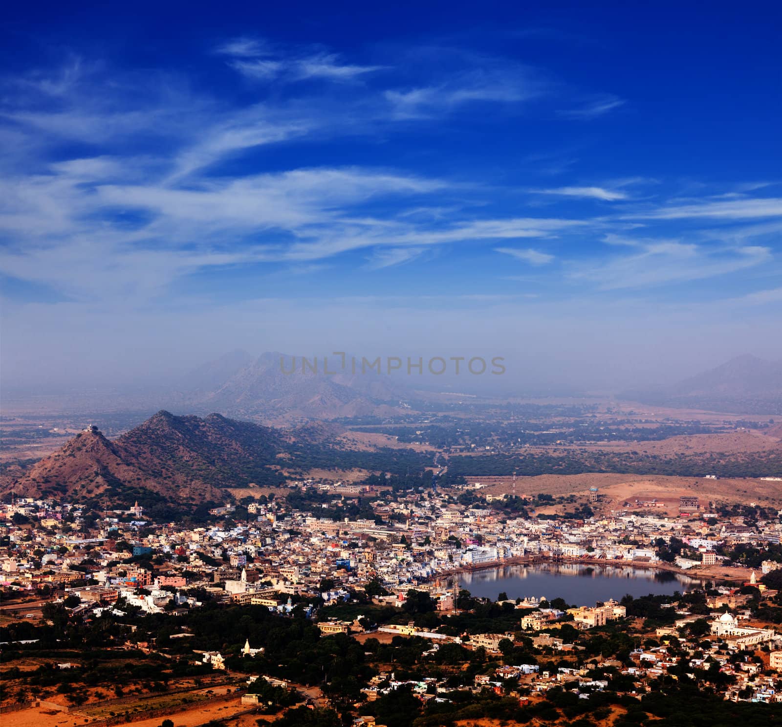 Holy city Pushkar aerial view from Savitri temple. Rajasthan, India