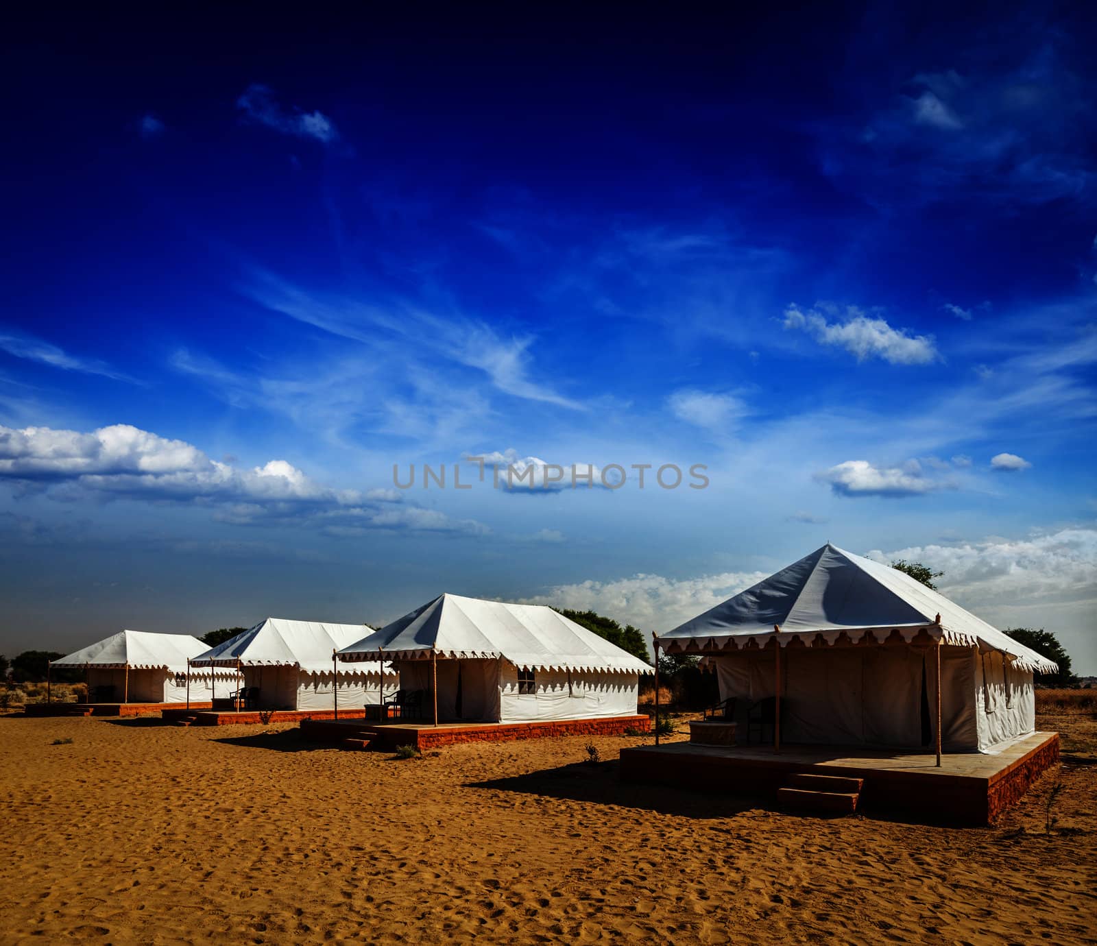 Tourist tent camp in desert. Jaisalmer, Rajasthan, India.